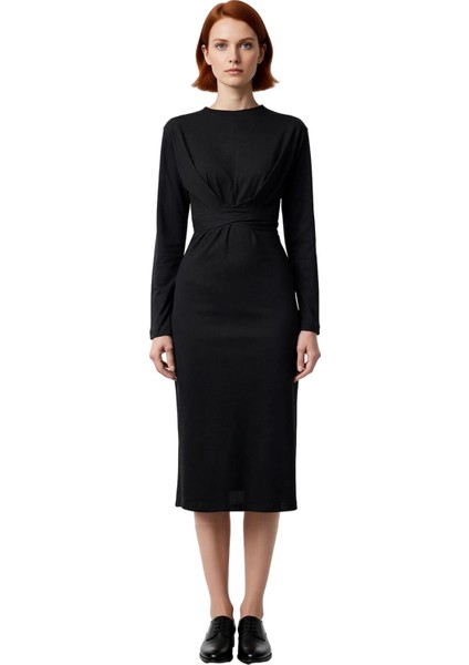 Kadın %100 Pamuk Bodycon Midi Elbise Bağlama Detaylı Bisiklet Yaka Uzun Standart Kol Şıklığı modelleri