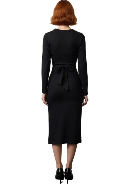 Kadın %100 Pamuk Bodycon Midi Elbise Bağlama Detaylı Bisiklet Yaka Uzun Standart Kol Şıklığı fırsatları