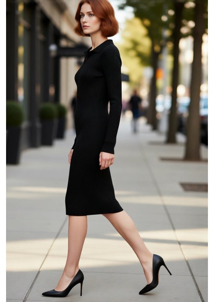 Kadın Triko Bodycon Midi Uzun Kol Polo Yaka Düz Elbise Şık ve Konforlu Kışlık Günlük Giyim