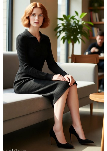 Kadın Triko Bodycon Midi Uzun Kol Polo Yaka Düz Elbise Şık ve Konforlu Kışlık Günlük Giyim fiyatları