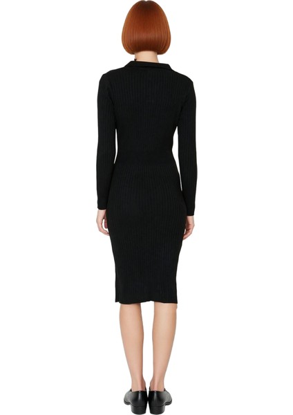 Kadın Triko Bodycon Midi Uzun Kol Polo Yaka Düz Elbise Şık ve Konforlu Kışlık Günlük Giyim fırsatları