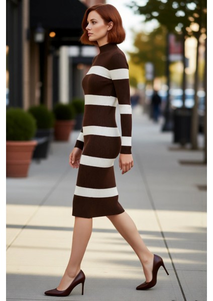 Kadın Triko Çizgili Bodycon Midi Elbise Dik Yaka Uzun Standart Kol Akrilik Rahat Şık Tasarım
