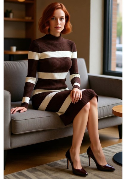 Kadın Triko Çizgili Bodycon Midi Elbise Dik Yaka Uzun Standart Kol Akrilik Rahat Şık Tasarım fiyatları