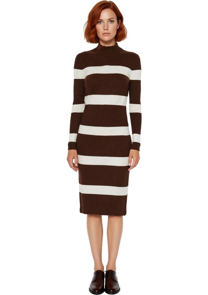 Kadın Triko Çizgili Bodycon Midi Elbise Dik Yaka Uzun Standart Kol Akrilik Rahat Şık Tasarım modelleri