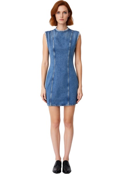 Kadın Kolsuz Bisiklet Yaka Düz A Line Mini Denim Elbise %100 Pamuk Kumaş Detaylarıyla Bahar Yaz modelleri