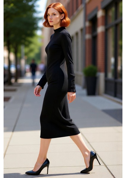 Kadın Bodycon Dik Yaka Düz Uzun Kollu Düğme Detaylı Midi Örme Elbise Şık ve Konforlu Tasarım