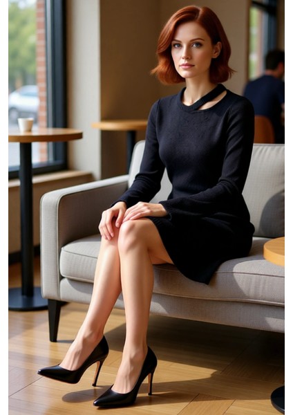 Kadın A Line Siyah Düz Desenli Uzun Kollu Triko Mini Elbise Modern Yaka Detaylı Şık Tasarım fiyatları