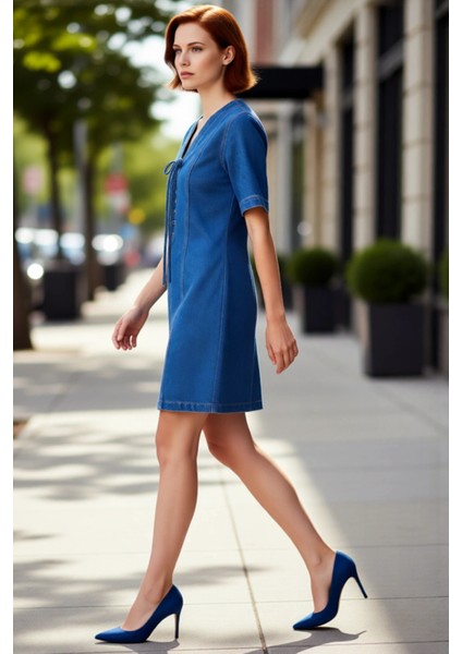 Kadın A Line Denim Mini Elbise Kuşgözü Bağlama Detaylı Kısa Kol %100 Pamuk Günlük Şıklık Kaliteli