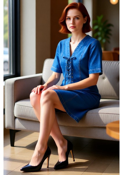 Kadın A Line Denim Mini Elbise Kuşgözü Bağlama Detaylı Kısa Kol %100 Pamuk Günlük Şıklık Kaliteli fiyatları