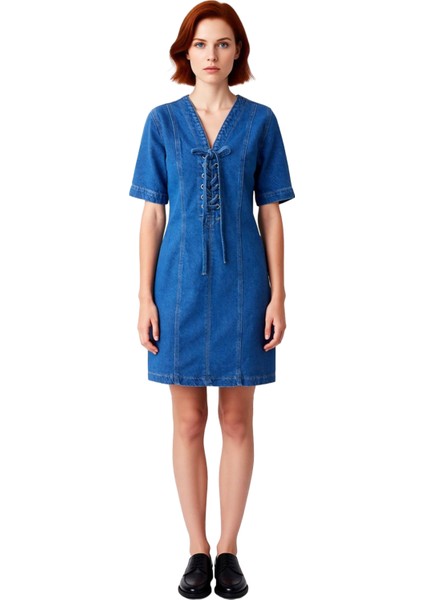 Kadın A Line Denim Mini Elbise Kuşgözü Bağlama Detaylı Kısa Kol %100 Pamuk Günlük Şıklık Kaliteli modelleri