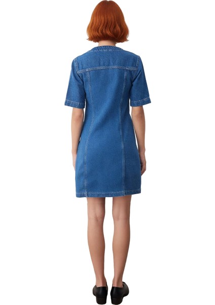 Kadın A Line Denim Mini Elbise Kuşgözü Bağlama Detaylı Kısa Kol %100 Pamuk Günlük Şıklık Kaliteli fırsatları
