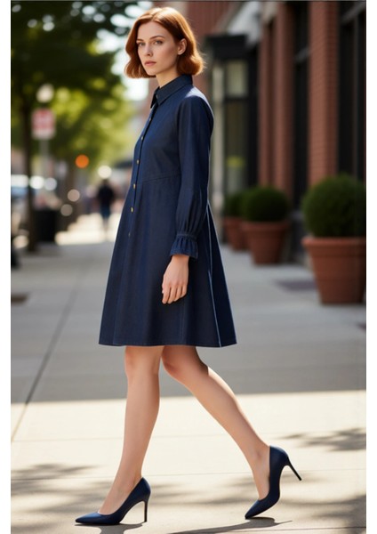 Kadın A Line Kalıp Denim Gömlek Yaka Büzgülü Kol Detaylı %100 Pamuklu Mini Elbise Ilkbahar Sonbahar