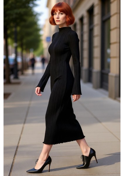 Kadın Bodycon Kesim Dik Yaka Uzun Kol Maxi Triko Elbise Kış Aylarında Şık ve Rahat Bir Tarz Sunar