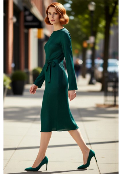 Kadın Mor Pilise Örme Kuşaklı Midi Elbise Kayık Yaka Uzun Kollu Şık Shift Kalıp Tasarım Seçeneği