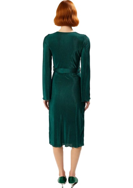 Kadın Mor Pilise Örme Kuşaklı Midi Elbise Kayık Yaka Uzun Kollu Şık Shift Kalıp Tasarım Seçeneği fırsatları