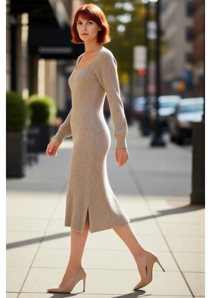 Kadın Midi Kalp Yaka Uzun Kollu Fitilli Triko Elbise A Line Kalıbı Ile Şık Kış Kombinlerinin