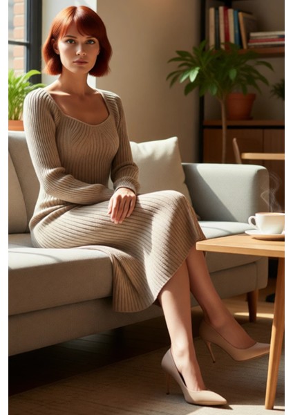 Kadın Midi Kalp Yaka Uzun Kollu Fitilli Triko Elbise A Line Kalıbı Ile Şık Kış Kombinlerinin fiyatları