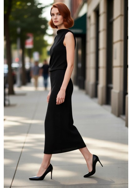 Kadın Shift Kalıp Aksesuar Detaylı Aerobin Dokuma Midi Elbise Şık ve Konforlu Günlük Kullanım Için