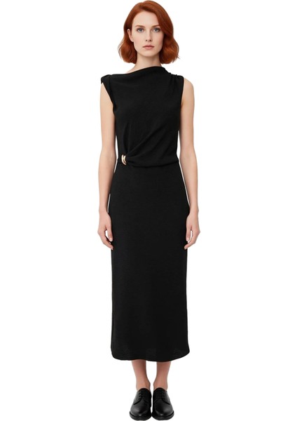 Kadın Shift Kalıp Aksesuar Detaylı Aerobin Dokuma Midi Elbise Şık ve Konforlu Günlük Kullanım Için modelleri