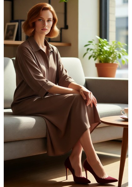 Kadın Modal Kumaş Gömlek Yaka Midi Boy Düğmeli Düz Desen Rahat Truvakar Kol Elbise Ilkbahar