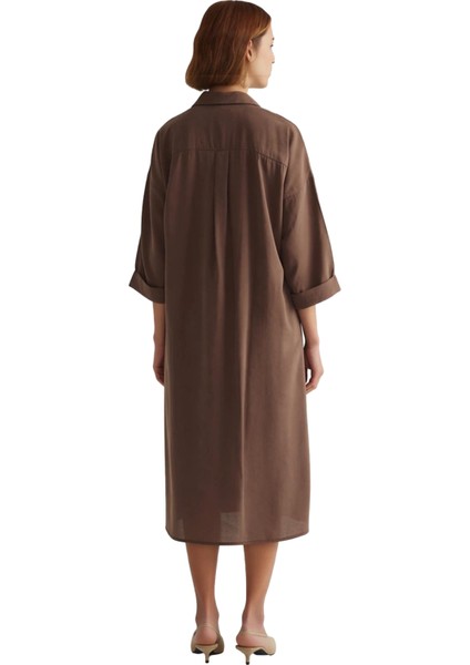 Kadın Modal Kumaş Gömlek Yaka Midi Boy Düğmeli Düz Desen Rahat Truvakar Kol Elbise Ilkbahar modelleri