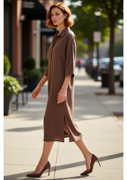 Kadın Modal Kumaş Gömlek Yaka Midi Boy Düğmeli Düz Desen Rahat Truvakar Kol Elbise Ilkbahar fırsatları