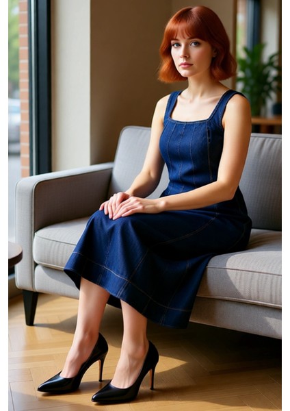 Kadın Klasik Kare Yaka Kolsuz Bodycon Siluet Denim Midi Elbise Bahar Yaz Kombinleri Kaliteli