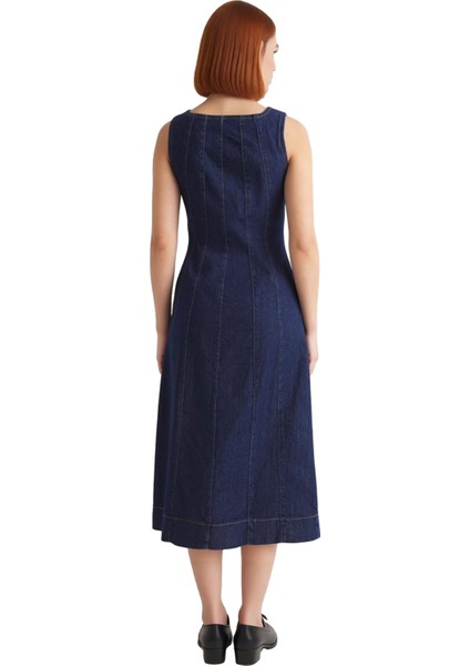 Kadın Klasik Kare Yaka Kolsuz Bodycon Siluet Denim Midi Elbise Bahar Yaz Kombinleri Kaliteli modelleri