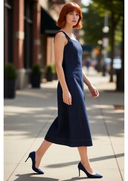 Kadın Klasik Kare Yaka Kolsuz Bodycon Siluet Denim Midi Elbise Bahar Yaz Kombinleri Kaliteli fırsatları