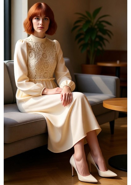 Kadın Güpür Detaylı A Kesim Maxi Boy Dokuma Elbise Standart Kollu Dik Yaka Zarif Tasarım Kaliteli fiyatları