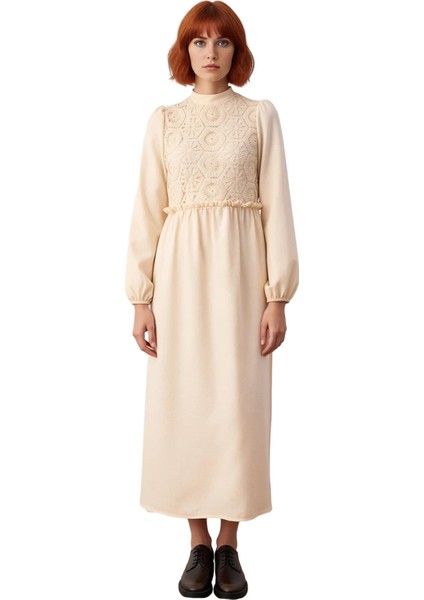 Kadın Güpür Detaylı A Kesim Maxi Boy Dokuma Elbise Standart Kollu Dik Yaka Zarif Tasarım Kaliteli modelleri