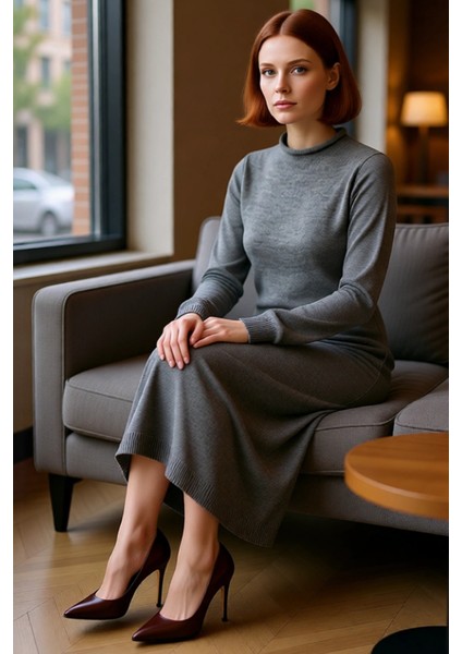 Kadın Tesettür Kışlık Triko Maxi Elbise Dik Yaka Düz Desen Uzun Standart Kol Rahat Shift Kalıp fiyatları