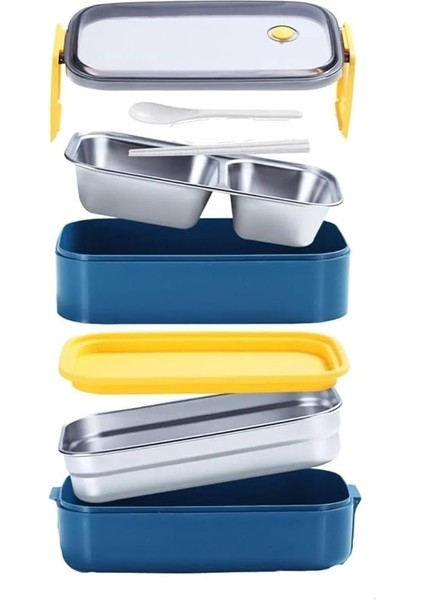 Bento 1400ML Lunchbox Iki Katlı 2 Bölmeli Çelik Sefer Tası Yemek Kutusu (Lacivert-Sarı) fiyatları