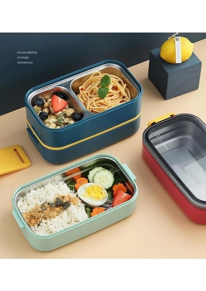 Bento 1400ML Lunchbox Iki Katlı 2 Bölmeli Çelik Sefer Tası Yemek Kutusu (Lacivert-Sarı) indirimleri