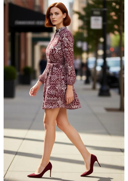 Kadın Etnik Desenli Kuşaklı Dik Yaka Uzun Kollu Şifon Mini Elbise Astarlı Skater Siluet Gündüz Gece.