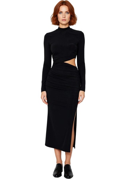 Kadın Siyah Dik Yaka Uzun Kollu Bodycon Cut Outlı Midi Boy Şık Gece Mezuniyet Abiye Elbise modelleri