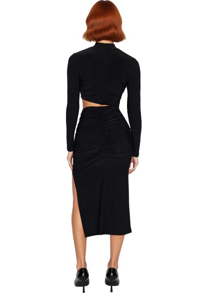 Kadın Siyah Dik Yaka Uzun Kollu Bodycon Cut Outlı Midi Boy Şık Gece Mezuniyet Abiye Elbise fırsatları