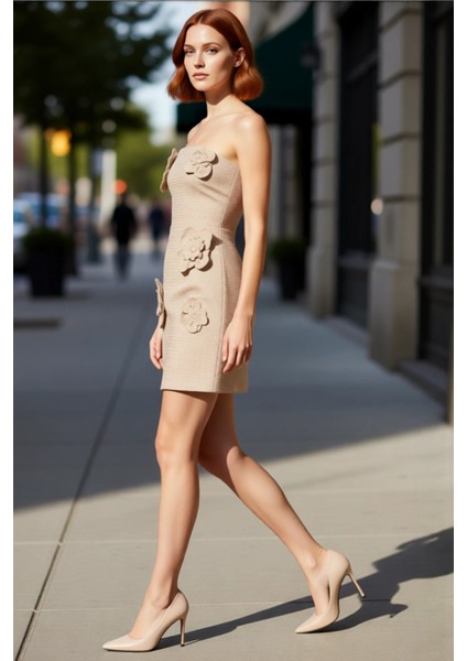 Kadın Vizon A Line Mini Elbise Straplez Yaka Aplike Çiçek Detaylı Dokuma Tüvit Kış Stili Kaliteli