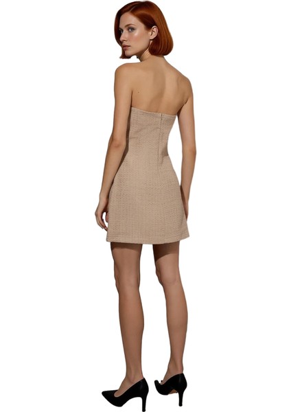 Kadın Vizon A Line Mini Elbise Straplez Yaka Aplike Çiçek Detaylı Dokuma Tüvit Kış Stili Kaliteli fırsatları