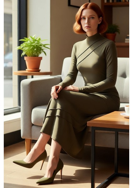 Kadın Kışlık Dik Yaka Asimetrik Dikiş Detaylı Bodycon Maxi Örme Elbise Günlük Şıklık Için Ideal
