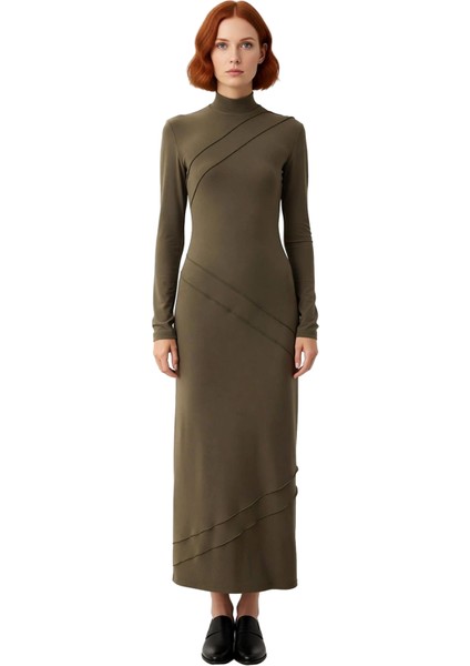 Kadın Kışlık Dik Yaka Asimetrik Dikiş Detaylı Bodycon Maxi Örme Elbise Günlük Şıklık Için Ideal fiyatları