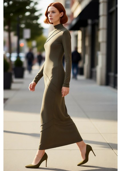 Kadın Kışlık Dik Yaka Asimetrik Dikiş Detaylı Bodycon Maxi Örme Elbise Günlük Şıklık Için Ideal fırsatları