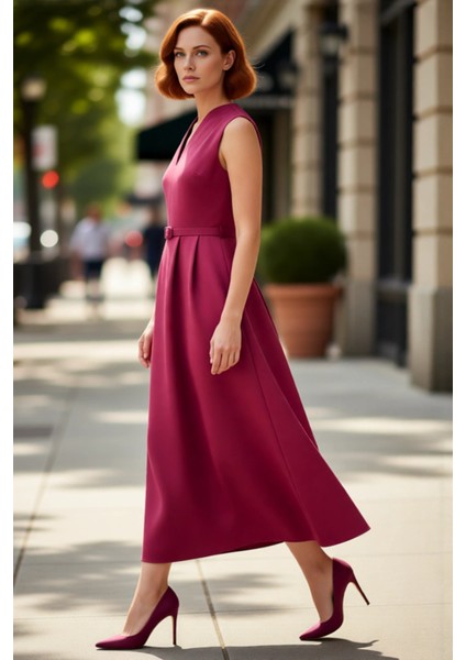 Kadın Kemerli V Yaka Skater Siluet Saten Dokuma Maxi Elbise Gece Davetleri Için Şık Tasarım