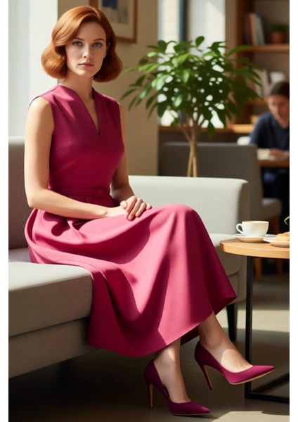 Kadın Kemerli V Yaka Skater Siluet Saten Dokuma Maxi Elbise Gece Davetleri Için Şık Tasarım fiyatları