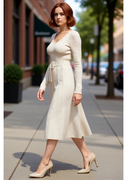 Kadın Bej Akrilik Triko Kemerli V Yaka Midi Boy A Line Elbise Uzun Kollu Rahat Şık Günlük Stile