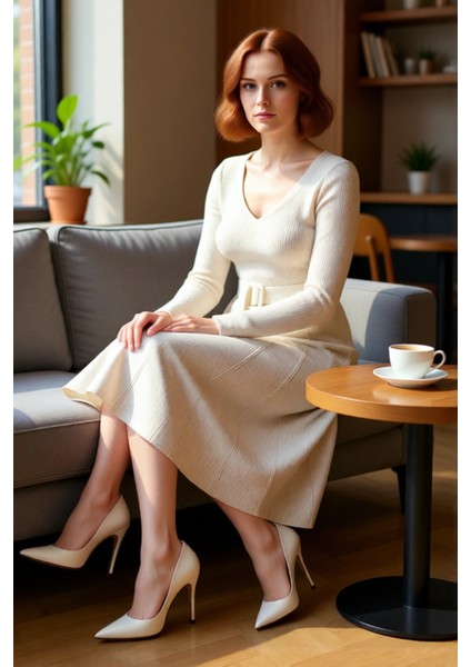 Kadın Bej Akrilik Triko Kemerli V Yaka Midi Boy A Line Elbise Uzun Kollu Rahat Şık Günlük Stile fiyatları