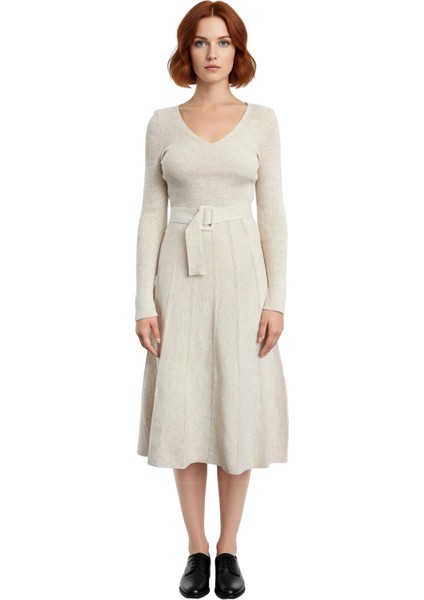 Kadın Bej Akrilik Triko Kemerli V Yaka Midi Boy A Line Elbise Uzun Kollu Rahat Şık Günlük Stile modelleri