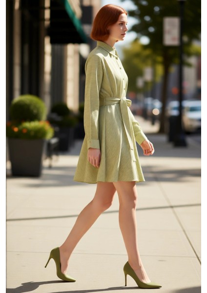 Kadın Kuşaklı Gömlek Yaka Yarasa Kol Uzun Mini Elbise Rahat Şık Dokuma Kumaş Tasarım Kaliteli