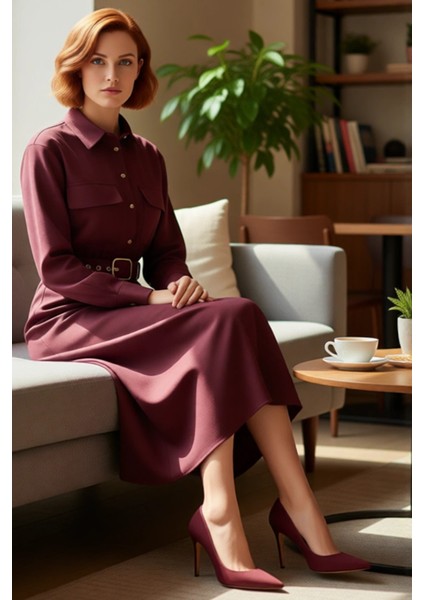 Kadın Fashion Forward Midi Kemerli Gömlek Yaka Düz Dokuma Elbise Gün Boyu Konfor ve Zarafet