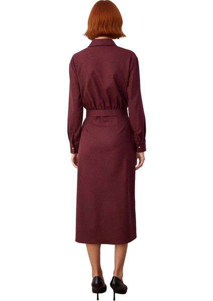 Kadın Fashion Forward Midi Kemerli Gömlek Yaka Düz Dokuma Elbise Gün Boyu Konfor ve Zarafet modelleri